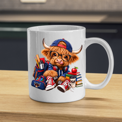 Student Mug "Cool Student Cow" Academic Highland Cow 325ml Ceramic Coffee Mug Trendy School Tea Cup with Glasses and Backpack Graphic Gift | Available in Multicolours | Fast Dispatch by UK Seller (M3153)