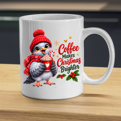 Christmas Mug "Coffee Makes Christmas Brighter Cute Bird" 325ml Ceramic Coffee Mug – Cute Christmas Bird in Red Beanie Hat Scarf Holding Cocoa Cup Holiday Gift For Bird Coffee Lovers | Available in Multicolours | Fast Dispatch by UK Seller (M3266)