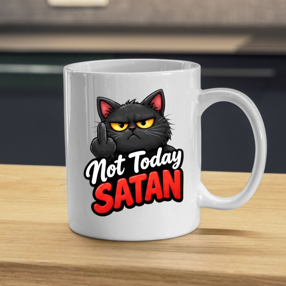 Sarcastic Mug "Not Today Satan" Funny Grumpy Black Cat 325ml Ceramic Coffee Mug Sassy Kitten Tea Cup with Middle Finger Gesture & Bold Red Lettering Gift | Available in Multicolours | Fast Dispatch by UK Seller (M1304)