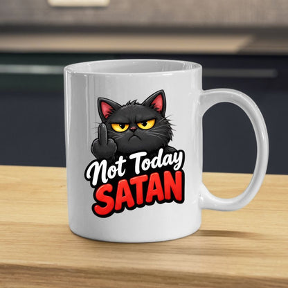 Sarcastic Mug "Not Today Satan" Funny Grumpy Black Cat 325ml Ceramic Coffee Mug Sassy Kitten Tea Cup with Middle Finger Gesture & Bold Red Lettering Gift | Available in Multicolours | Fast Dispatch by UK Seller (M1304)