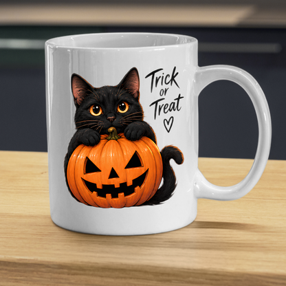 Halloween Mug "Black Cat Pumpkin Trick or Treat" Black Cat Pumpkin Trick or Treat 325ml Ceramic Coffee Mug – Cute Halloween Autumn Tea Cup With Black Kitty Jack O Lantern Graphic Gift | Available in Multicolours | Fast Dispatch by UK Seller (M3223)