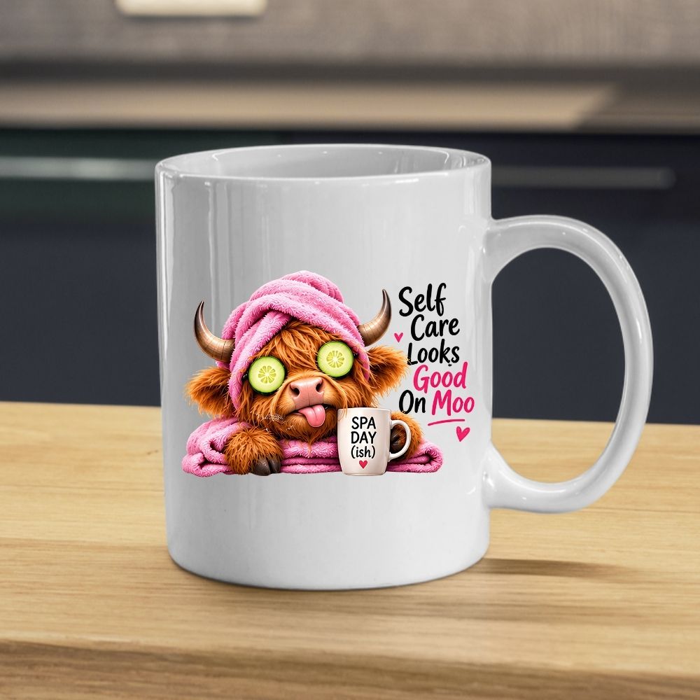 Humorous Mug "Self Care Looks Good On Moo" Highland Cow 325ml Ceramic Coffee Mug Cute Animal Tea Cup with Spa Cucumber Eyes, Pink Towel & Mug Gift | Available in Multicolours | Fast Dispatch by UK Seller (M1277)