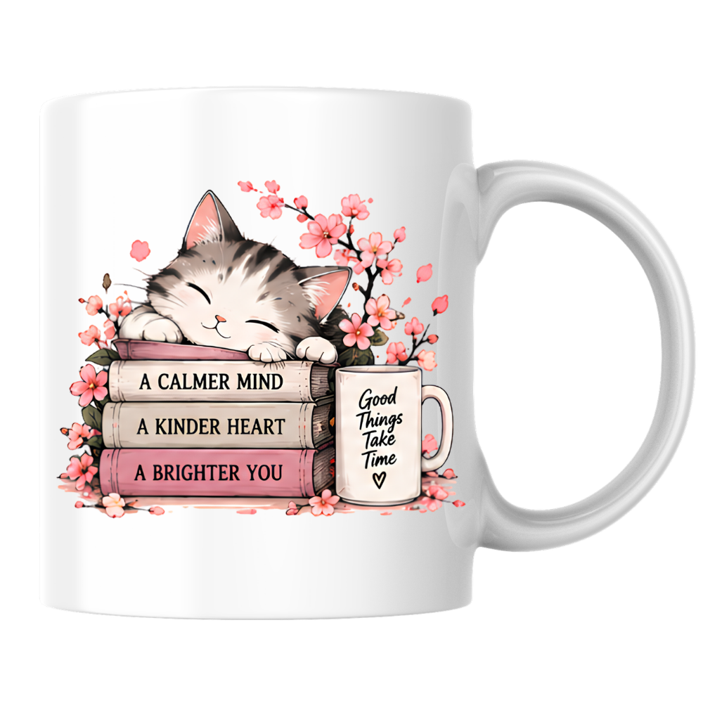 Inspirational Cat Mug "A CALMER MIND A KINDER HEART A BRIGHTER YOU" Sleeping Kitten & Books 325ml Ceramic Coffee Mug Mindful Tea Cup with Cherry Blossoms & Mug Graphic Gift | Available in Multicolours | Fast Dispatch by UK Seller (M3033)