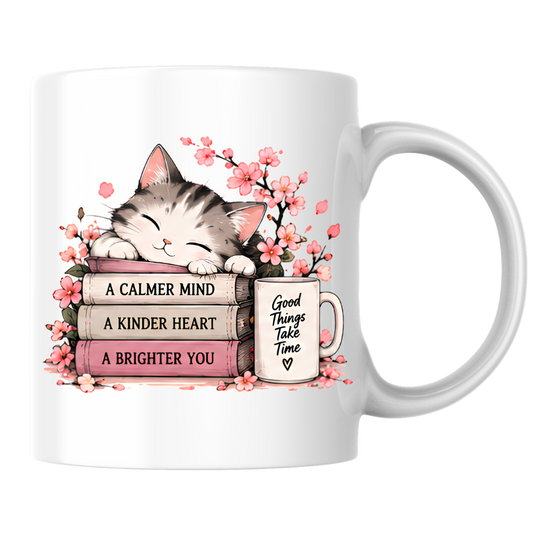 Inspirational Cat Mug "A CALMER MIND A KINDER HEART A BRIGHTER YOU" Sleeping Kitten & Books 325ml Ceramic Coffee Mug Mindful Tea Cup with Cherry Blossoms & Mug Graphic Gift | Available in Multicolours | Fast Dispatch by UK Seller (M3033)
