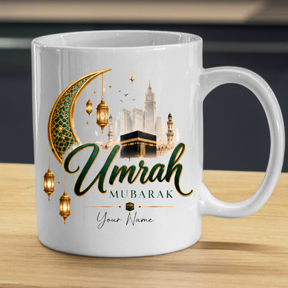 Personalised Umrah Mubarak Mug 325ml Ceramic Coffee Tea Cup – Custom Name, Green & Gold Crescent Moon, Lanterns & Kaaba Religious Pilgrimage Gift for Family, Friends, Hajj Celebration – Fast Dispatch by UK Seller (M3485)