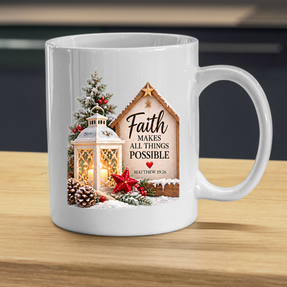 Christmas Mug "Faith Makes All Things Possible Matthew 19:26" 325ml Ceramic Coffee Mug – Cozy Winter Lantern Snow Covered Tree Wooden Sign Christian Holiday Gift | Available in Multicolours | Fast Dispatch by UK Seller (M3298)