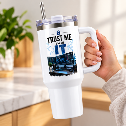 Funny Tech Travel Tumbler "Trust me I'm in IT" Graphic 40oz Stainless Steel Insulated Travel Mug with Handle & Straw – Dual Monitor Desk Setup, Circuit Board & Lock Icon Novelty Gift for Coders & Office | Fast Dispatch by UK Seller (T3055)