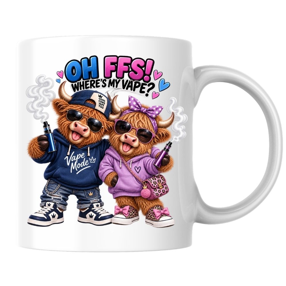 Funny Mug Highland Cow Couple "Oh FFS! Where's My V?" Coffee Mug Sarcastic Meme Animals Ceramic Tea Cup & Novelty Streetwear Gift 325ml | Available in Multicolours | Fast Dispatch by UK Seller (M1322)
