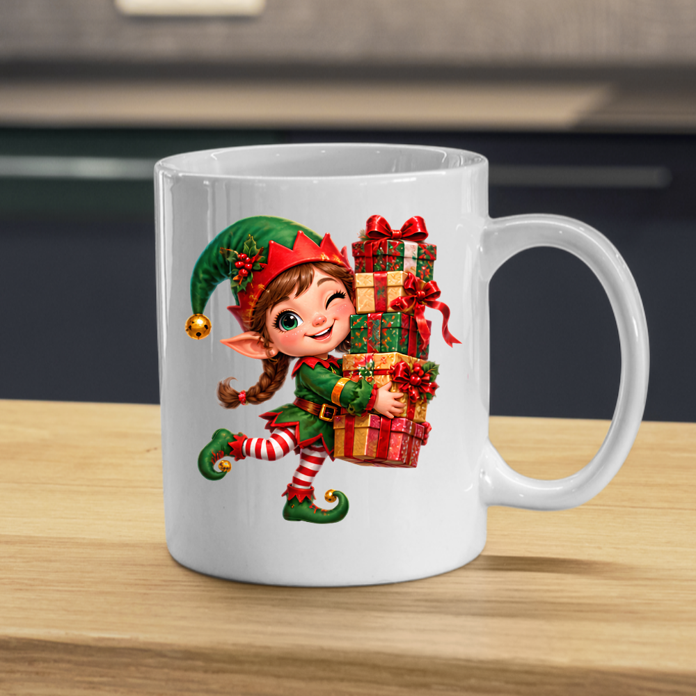 Christmas Mug "Winking Christmas Elf Stacked Presents" Winking Christmas Elf 325ml Ceramic Coffee Mug – Cute Festive Tea Cup with Elf Outfit Jingle Bells Wrapped Gift Stack Graphic Gift | Available in Multicolours | Fast Dispatch by UK Seller (M3183)