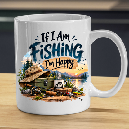 Fishing Mug "If I Am Fishing I’m Happy" Angler Ceramic Coffee Cup 350ml, Fishing Rod Lake Sunset Outdoor Hobby Novelty Gift for Fisherman Dad Grandad Husband Boyfriend, Birthday Christmas Fathers Day Secret Santa | Fast Dispatch by UK Seller (M1054)