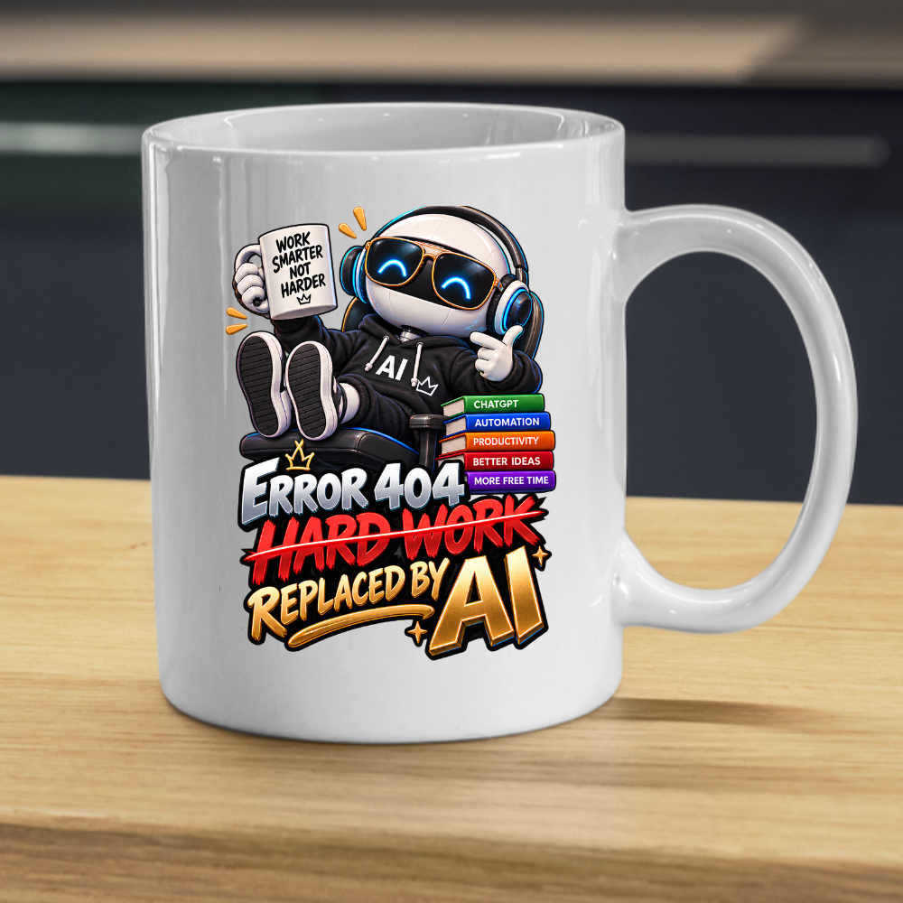 Tech Mug "Error 404 Hard Work Replaced By AI" Error 404 Hard Work Replaced By AI 325ml Ceramic Coffee Mug – Funny Robot IT Developer Mug with Work Smarter Not Harder & ChatGPT Books | Tech Gift | Fast Dispatch by UK Seller (M3324)
