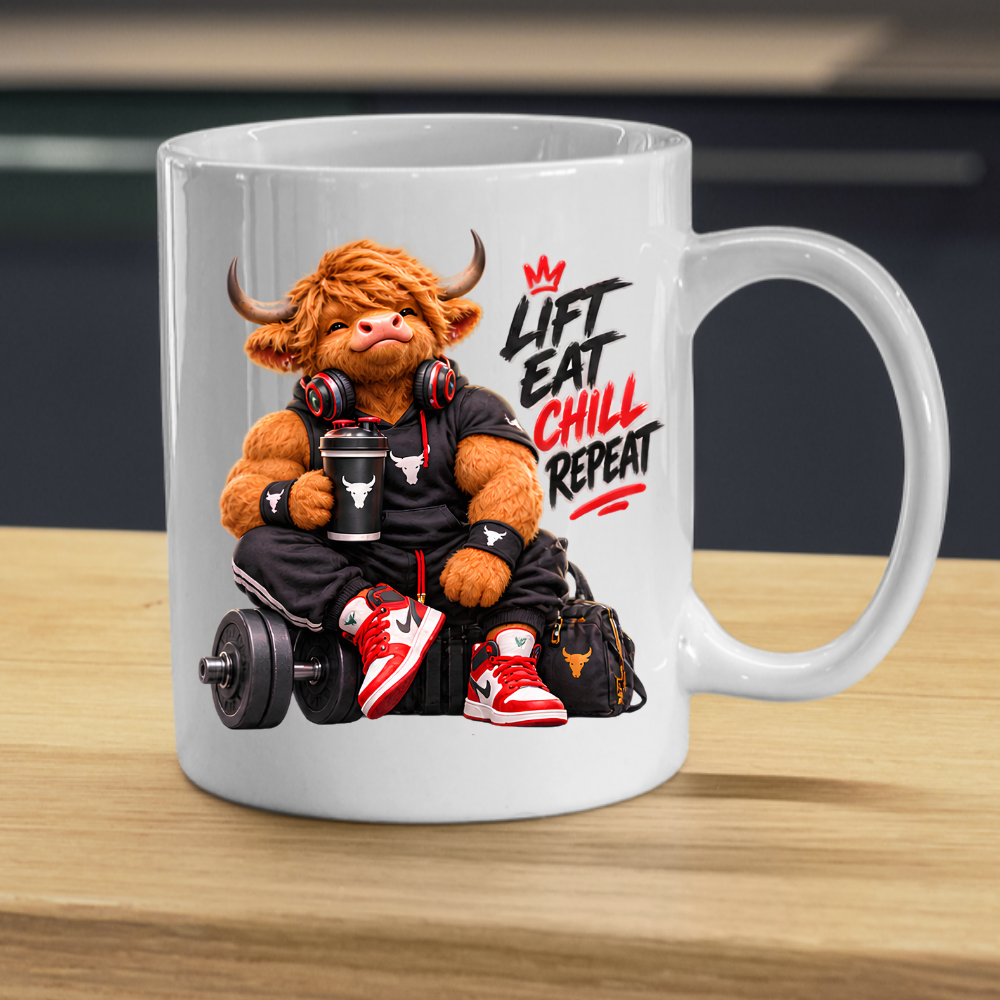Gym Mug "Lift Eat Chill Repeat Highland Cow" Lift Eat Chill Repeat 325ml Ceramic Coffee Mug – Muscular Highland Cow in Sleeveless Hoodie & Headphones Holding Shaker Cup Gym Fitness Gift | Available in Multicolours | Fast Dispatch by UK Seller (M3272)