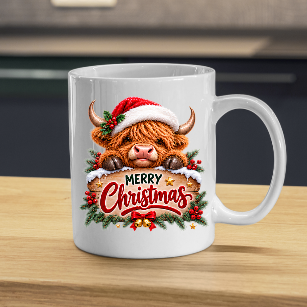 Christmas Mug "Peeking Santa Hat Highland Cow" Peeking Santa Hat Highland Cow 325ml Ceramic Coffee Mug – Cute Festive Wooden Sign Tea Cup With Holly Jingle Bells Graphic Present | Available in Multicolours | Fast Dispatch by UK Seller (M3171)