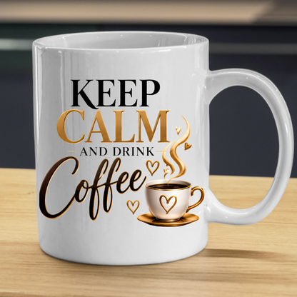 Coffee Mug "Keep Calm And Drink Coffee" 325ml Ceramic Tea Cup – Gold & Brown Typography, Cute Coffee Cup Graphic & Heart Slogan Novelty Gift for Coffee Lovers, Bestie, Colleagues – Fast Dispatch by UK Seller (M3491)