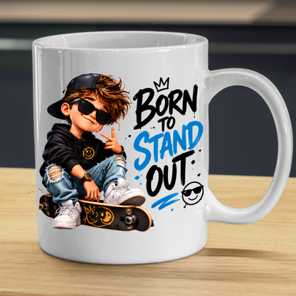 Skater Mug "Born To Stand Out" 325ml Ceramic Coffee Tea Cup – Cool Boy Graphic, Sunglasses, Skateboard & Slogan Novelty Gift for Teens, Bestie, Birthday – Fast Dispatch by UK Seller (M3498)