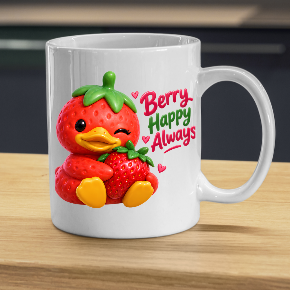Inspirational Mug "Berry Happy Always Strawberry Duck" Berry Happy Always 325ml Ceramic Coffee Mug – Cute Winking Strawberry Duck Hugging A Strawberry Heartwarming Gift For Friends Family | Available in Multicolours | Fast Dispatch by UK Seller (M3247)