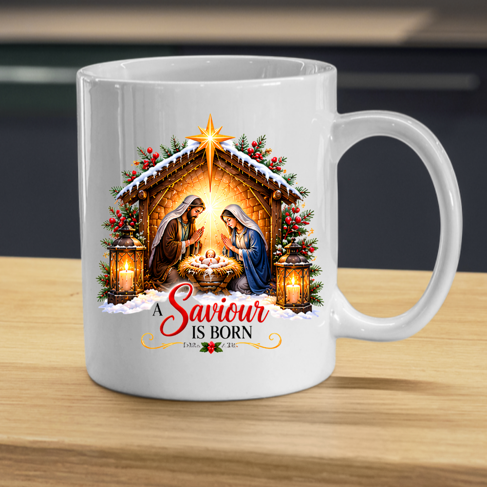 Religious Christmas Mug "A Saviour Is Born" A Saviour Is Born 325ml Ceramic Coffee Mug – Nativity Scene Christmas Mug with Baby Jesus, Mary & Joseph | Christian Holiday Gift | Fast Dispatch by UK Seller (M3338)