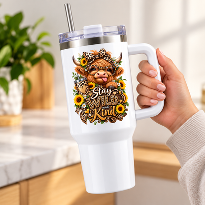 Cute Highland Cow Travel Tumbler "Stay Wild And Kind" Graphic 40oz Stainless Steel Insulated Travel Mug with Handle & Straw â€“ Cheeky Calf with Leopard Glasses, Sunflowers & Iced Coffee Cup Novelty Travel Cup | Fast Dispatch by UK Seller (T3003)