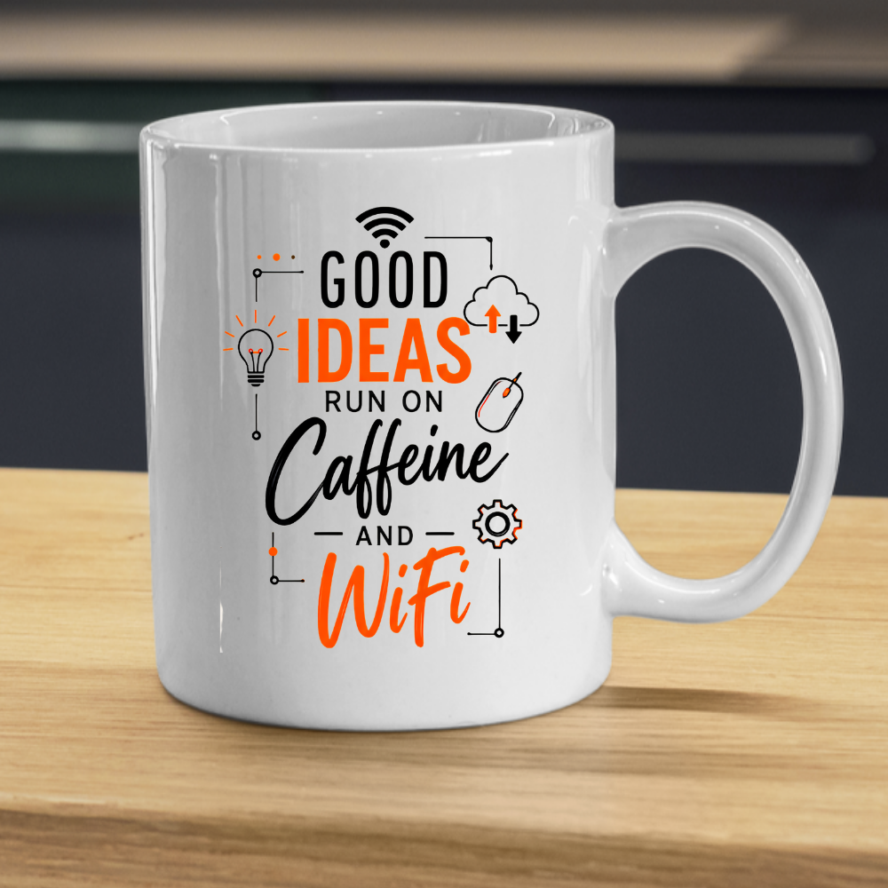 Tech Mug "Good Ideas Run On Caffeine And WiFi" Good Ideas Run On Caffeine And WiFi 325ml Ceramic Coffee Mug – Funny Tech & Office Typography Mug with Lightbulb, Cloud & WiFi Icons | Gift for IT & Remote Workers | Fast Dispatch by UK Seller (M3332)
