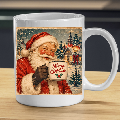 Vintage Santa Claus Mug "Merry Christmas" Merry Christmas 325ml Ceramic Coffee Mug – Vintage Santa Claus Holding Coffee Mug in Snowy Village with Streetlamp | Festive Holiday Gift | Fast Dispatch by UK Seller (M3415)