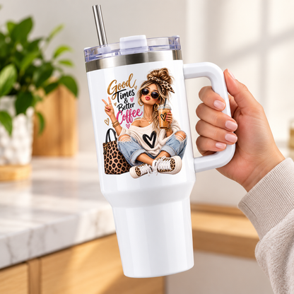 Sassy Fashion Travel Tumbler "Good Times & Better Coffee" Graphic 40oz Stainless Steel Insulated Travel Mug with Handle & Straw – Trendy Girl with Peace Sign, Leopard Headband, Handbag & Iced Coffee Novelty Travel Cup | Fast Dispatch by UK Seller (T3018)