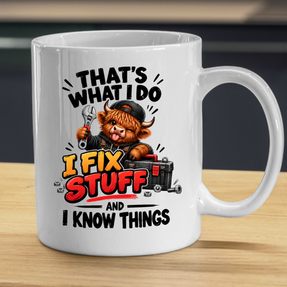 Mechanic Highland Cow Mug "That's What I Do I Fix Stuff" That's What I Do I Fix Stuff And I Know Things 325ml Ceramic Coffee Mug – Cute Handy Highland Cow with Wrench & Toolbox | Funny DIY Handyman Gift | Fast Dispatch by UK Seller (M3456)