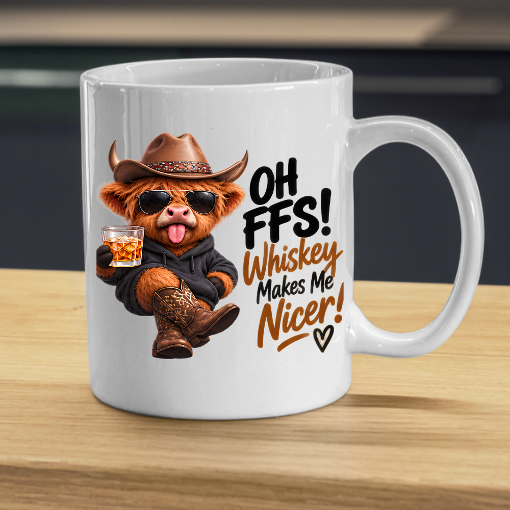 Highland Cow Whiskey Lover Mug "Oh FFS! Whiskey Makes Me Nicer!" Oh FFS! Whiskey Makes Me Nicer! 325ml Ceramic Coffee Mug – Cute Highland Cow in Cowboy Hat, Hoodie & Boots holding Rocks Glass | Funny Gift | Fast Dispatch by UK Seller (M3394)