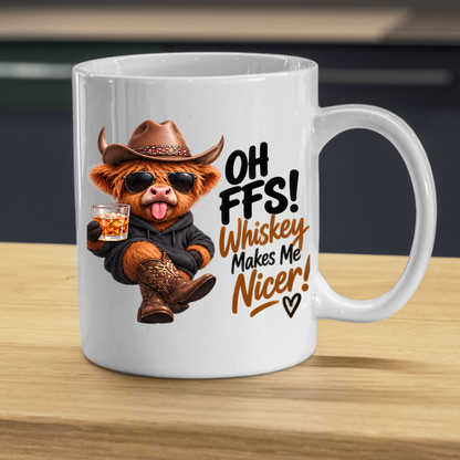 Highland Cow Whiskey Lover Mug "Oh FFS! Whiskey Makes Me Nicer!" Oh FFS! Whiskey Makes Me Nicer! 325ml Ceramic Coffee Mug – Cute Highland Cow in Cowboy Hat, Hoodie & Boots holding Rocks Glass | Funny Gift | Fast Dispatch by UK Seller (M3394)