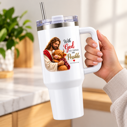 Inspirational Religious Highland Cow Travel Tumbler "With God All Things Are Possible" Graphic 40oz Stainless Steel Insulated Travel Mug with Handle & Straw â€“ Jesus Hugging Highland Calf in Scarf Novelty Travel Cup | Fast Dispatch by UK Seller (T3009)