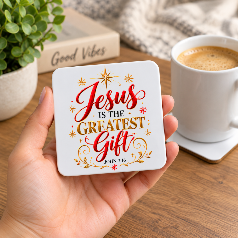 Festive Christian Christmas Coaster "Jesus Is the Greatest Gift John 3:16" Graphic Glossy Hardboard 9x9cm Drinks Mat – Golden & Red Script Bible Verse Holiday Tableware Gift | Fast Dispatch by UK Seller (C3054)