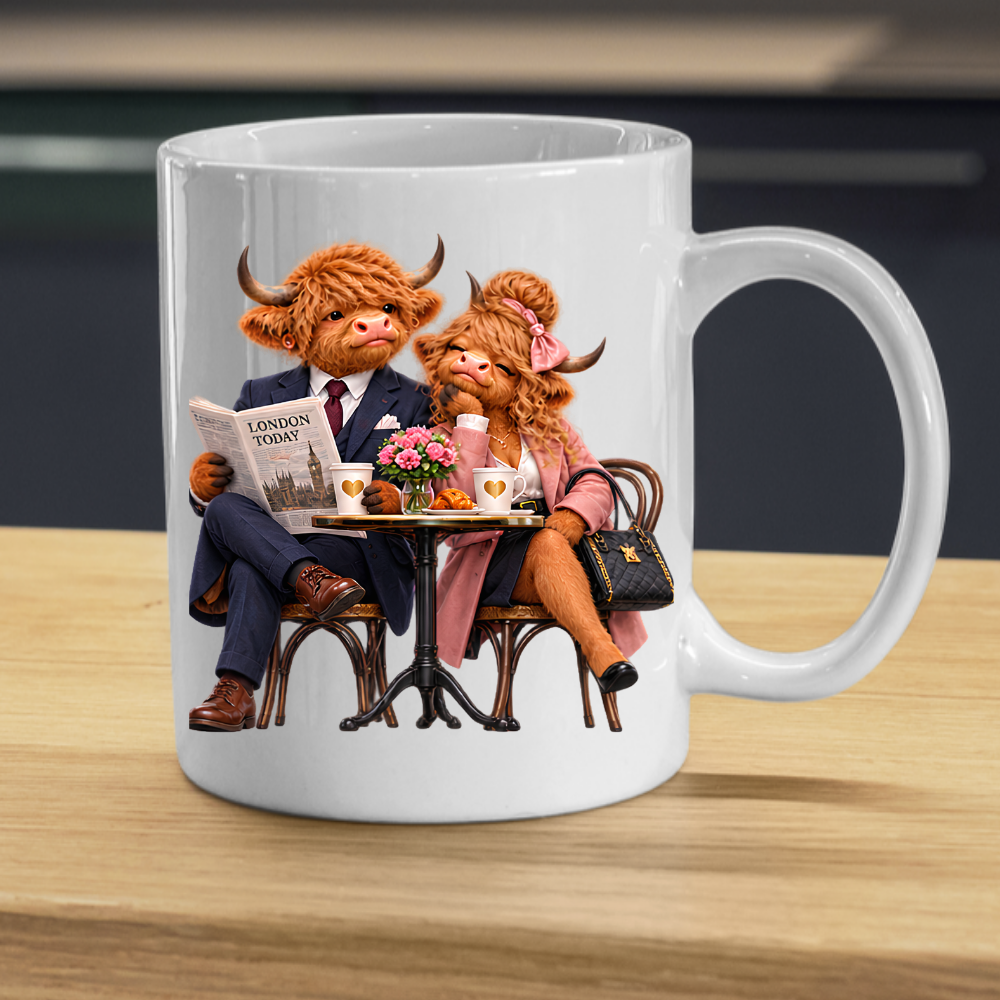Fashion Mug "London Cafe Highland Cow Couple" London Cafe Highland Cow Couple 325ml Ceramic Coffee Mug – Chic London Today Newspaper Tea Cup With Suit Pink Coat Bistro Coffee Graphic Gift | Available in Multicolours | Fast Dispatch by UK Seller (M3189)