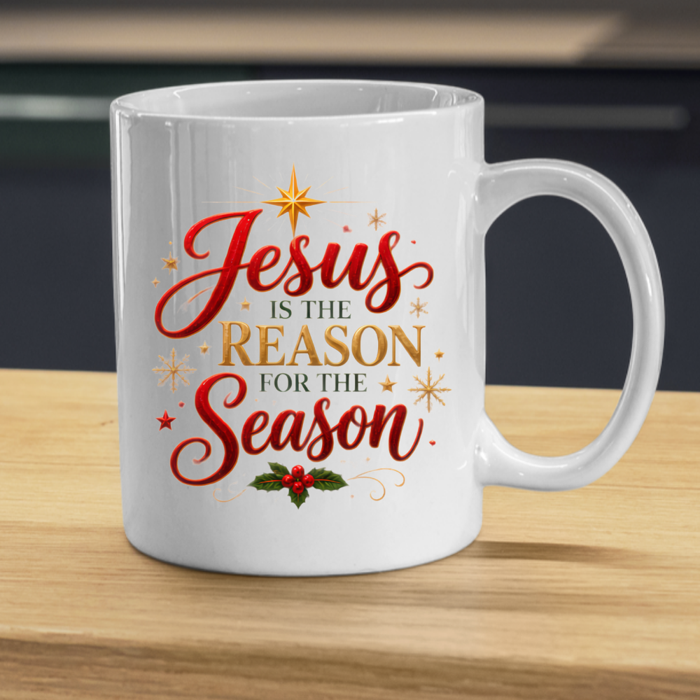 Christmas Mug "Jesus Is The Reason For The Season" 325ml Ceramic Coffee Mug – Festive Christian Typography Mug With Star Of Bethlehem Holly Gold Stars Holiday Gift | Available in Multicolours | Fast Dispatch by UK Seller (M3312)
