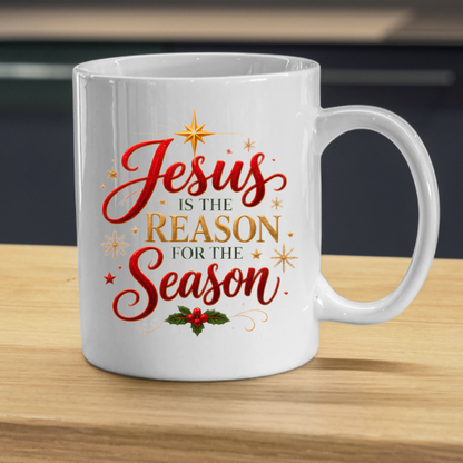 Christmas Mug "Jesus Is The Reason For The Season" 325ml Ceramic Coffee Mug – Festive Christian Typography Mug With Star Of Bethlehem Holly Gold Stars Holiday Gift | Available in Multicolours | Fast Dispatch by UK Seller (M3312)
