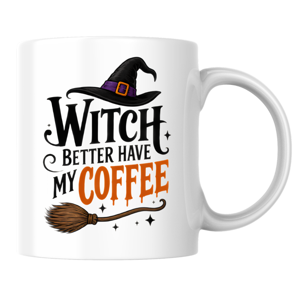 Halloween Mug "WITCH BETTER Have My Coffee" Funny Witch Hat 325ml Ceramic Coffee Mug – Novelty Autumn Tea Cup with Witch Broom & Orange Text Graphic Gift | Available in Multicolours | Fast Dispatch by UK Seller (M3069)