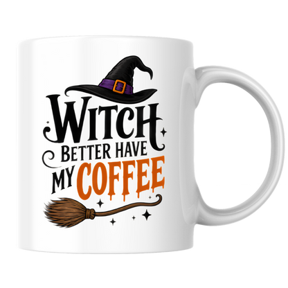 Halloween Mug "WITCH BETTER Have My Coffee" Funny Witch Hat 325ml Ceramic Coffee Mug – Novelty Autumn Tea Cup with Witch Broom & Orange Text Graphic Gift | Available in Multicolours | Fast Dispatch by UK Seller (M3069)
