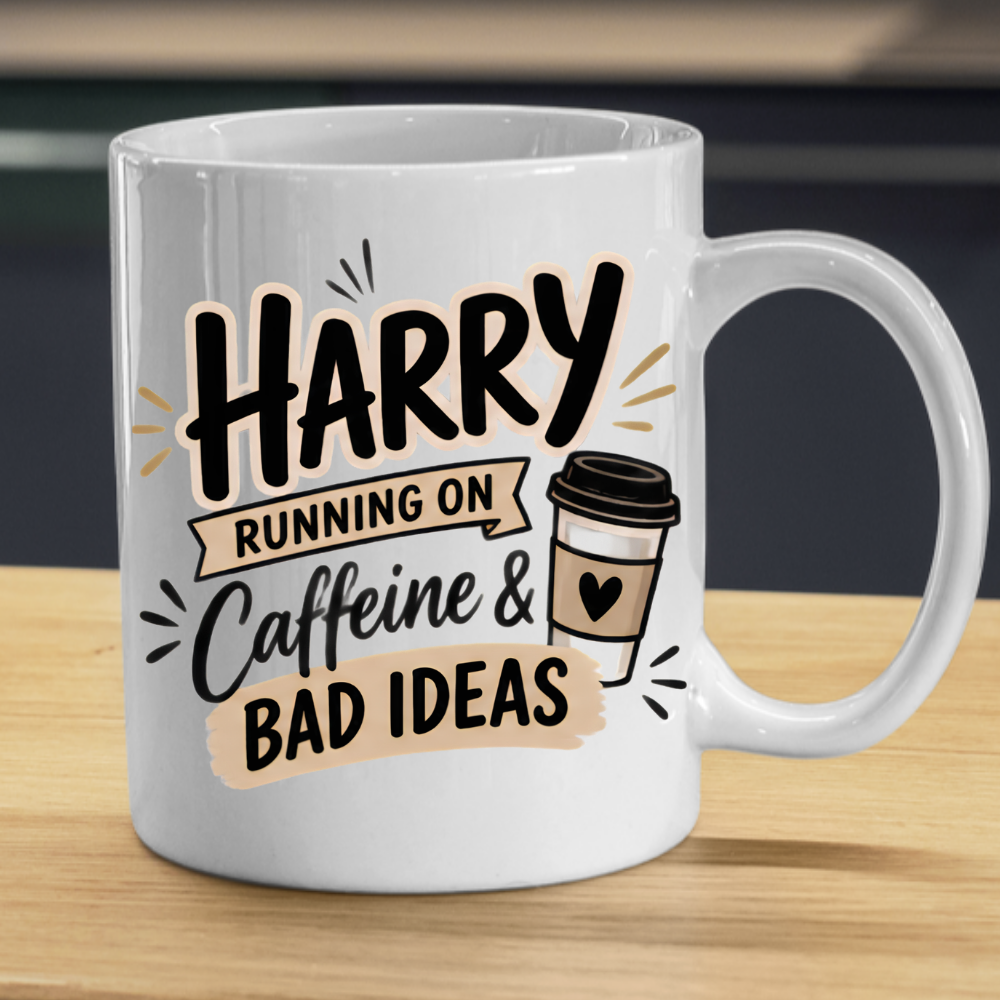 Personalized Name Mug "Harry Running On Caffeine & Bad Ideas" Harry Running On Caffeine & Bad Ideas 325ml Ceramic Coffee Mug –Custom Name Typography Slogan with Coffee Cup Graphic & Beige Banner Highlights | Funny Gift | Fast Dispatch by UK Seller (M3449)