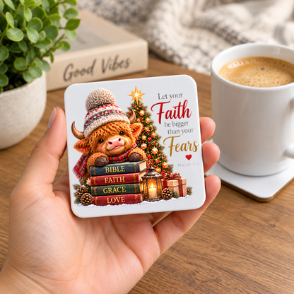 Festive Christian Christmas Coaster "Let Your Faith Be Bigger Than Your Fears Isaiah 41:10" Graphic Glossy Hardboard 9x9cm Drinks Mat – Highland Cow, Stack of Books & Christmas Tree Holiday Tableware Gift | Fast Dispatch by UK Seller (C3060)