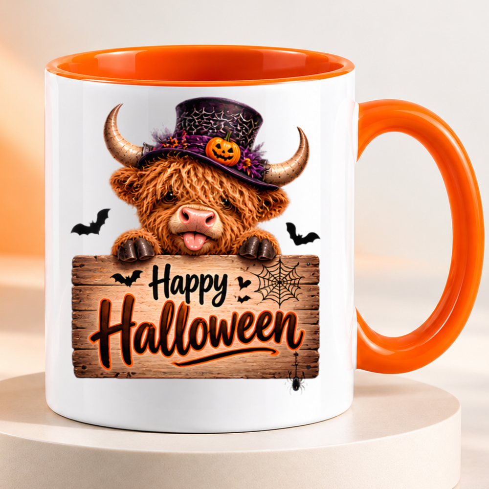 Halloween Mug "Highland Cow Top Hat Happy Halloween" Highland Cow Top Hat Happy Halloween 325ml Ceramic Coffee Mug – Cute Halloween Autumn Tea Cup Spiderweb Top Hat Jack O Lantern Wooden Sign Spider Graphic Gift | Fast Dispatch by UK Seller (M3218)