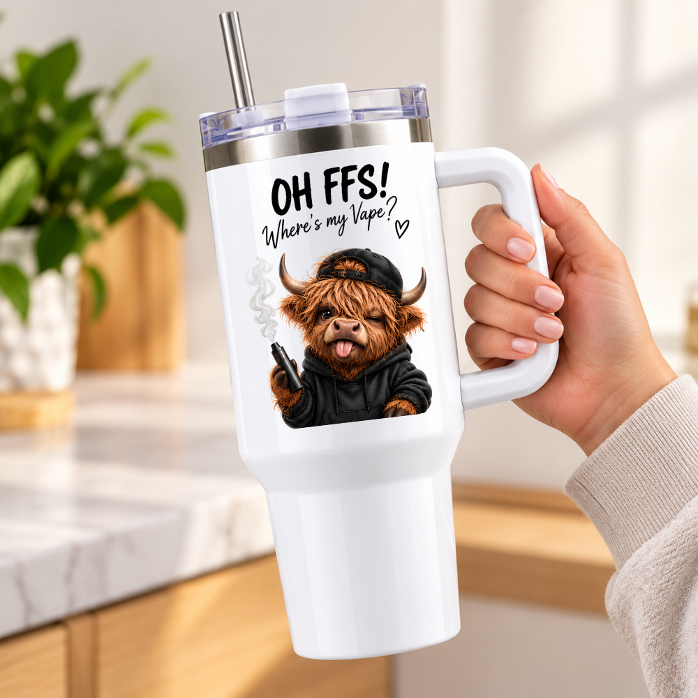Funny Sassy Highland Cow Travel Tumbler "OH FFS! Where's my Vape?" Graphic 40oz Stainless Steel Insulated Travel Mug with Handle & Straw – Cheeky Cow in Black Hoodie & Cap Vaping Novelty Travel Cup | Fast Dispatch by UK Seller (T3028)