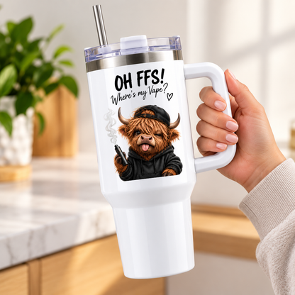 Funny Sassy Highland Cow Travel Tumbler "OH FFS! Where's my Vape?" Graphic 40oz Stainless Steel Insulated Travel Mug with Handle & Straw – Cheeky Cow in Black Hoodie & Cap Vaping Novelty Travel Cup | Fast Dispatch by UK Seller (T3028)