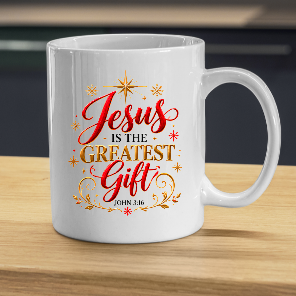 Christmas Mug "Jesus Is The Greatest Gift John 3 16" 325ml Ceramic Coffee Mug – Christian Christmas Bible Verse Mug With Gold Star Snowflakes Religious Holiday Gift | Available in Multicolours | Fast Dispatch by UK Seller (M3292)