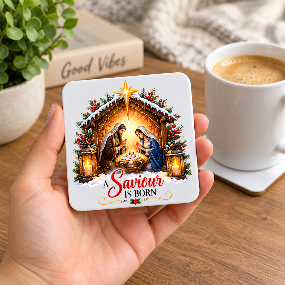 Christmas Nativity Hardboard Coaster "A Saviour Is Born" Graphic 9cm x 9cm Square Drinks Coaster “ Holy Family Manger Scene with Star of Bethlehem & Dual Candle Lanterns Novelty Mat | Christian Glossy Gift | Fast Dispatch by UK Seller (C3034)