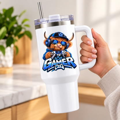 Funny Gaming Travel Tumbler "Gamer" Graphic 40oz Stainless Steel Insulated Travel Mug with Handle & Straw – Highland Cow in Cap, Sunglasses & Headset with Controller Novelty Gift for Gamers | Fast Dispatch by UK Seller (T3061)