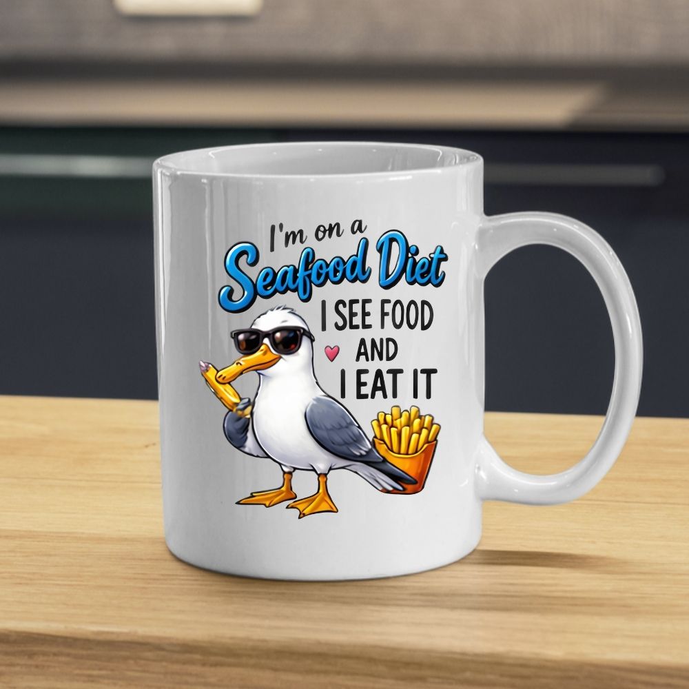Humorous Mug "I'm On A Seafood Diet I See Food And I Eat It" Funny Seagull 325ml Ceramic Coffee Mug Sassy Beach Bird Tea Cup with Sunglasses, Chips & Ice Lolly Graphic Gift | Available in Multicolours | Fast Dispatch by UK Seller (M1311)