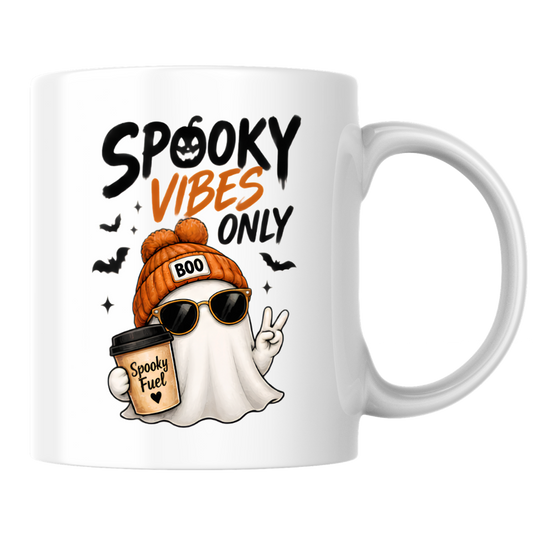 Halloween Mug "SPOOKY VIBES Only" Cool Ghost 325ml Ceramic Coffee Mug – Trendy Beanie Ghost Tea Cup with Sunglasses & Coffee Cup Graphic Gift | Available in Multicolours | Fast Dispatch by UK Seller (M3077)