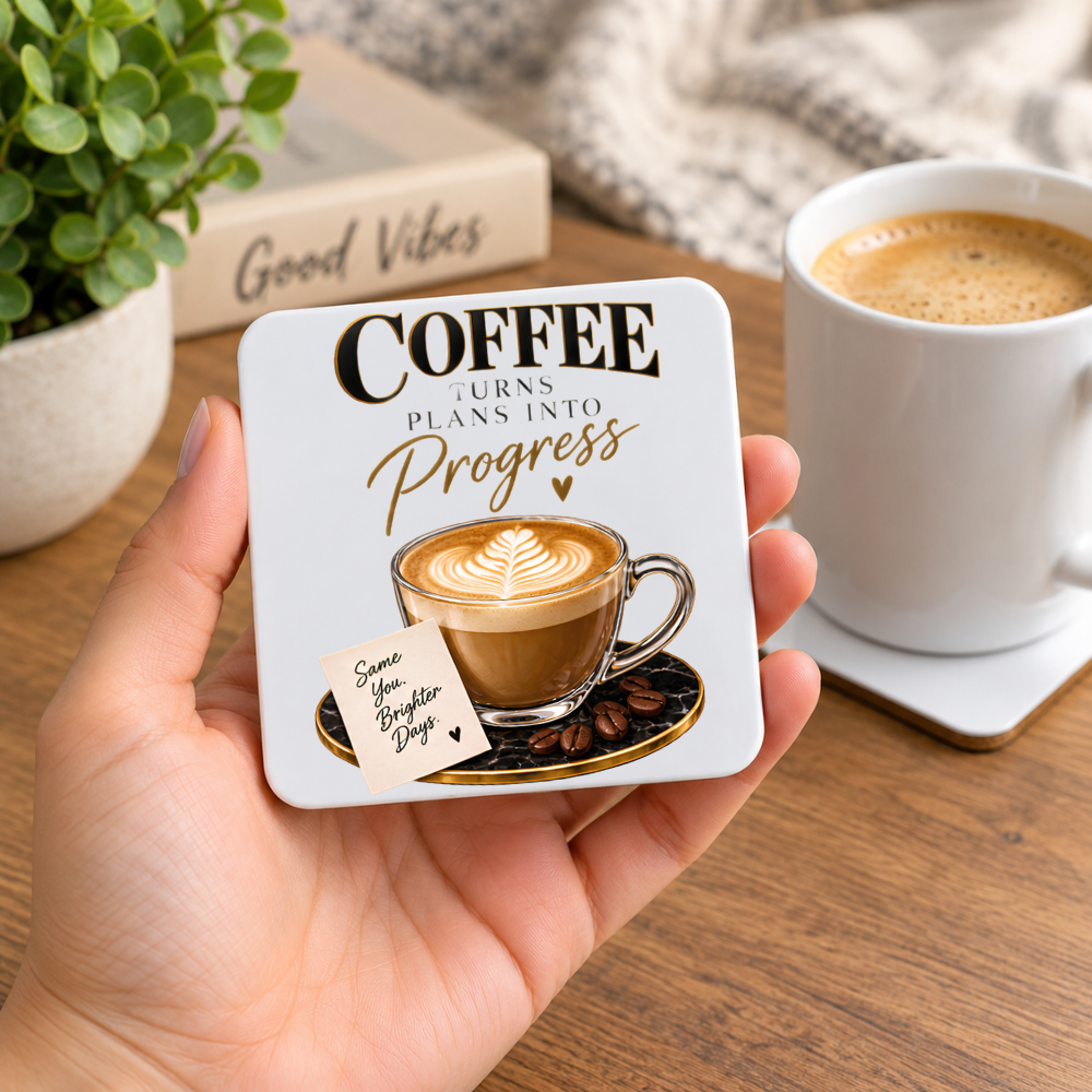 Inspirational Coffee Hardboard Coaster "Coffee Turns Plans Into Progress" Graphic 9cm x 9cm Square Drinks Coaster â€“ Latte Art Glass Cup with Marble Saucer Novelty Mat | Elegant Glossy Gift for Coffee Lovers | Fast Dispatch by UK Seller (C3002)