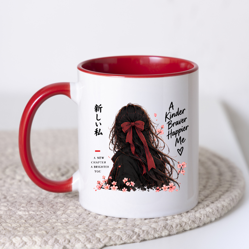 Inspirational Anime Girl Mug "A Kinder Braver Happier Me" Red Ribbon Hair 325ml Ceramic Coffee Mug – Mindful Aesthetic Tea Cup with Kanji Cherry Blossom Graphic Gift | Available in Multicolours | Fast Dispatch by UK Seller (M3043)