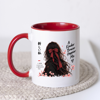 Inspirational Anime Girl Mug "A Kinder Braver Happier Me" Red Ribbon Hair 325ml Ceramic Coffee Mug – Mindful Aesthetic Tea Cup with Kanji Cherry Blossom Graphic Gift | Available in Multicolours | Fast Dispatch by UK Seller (M3043)