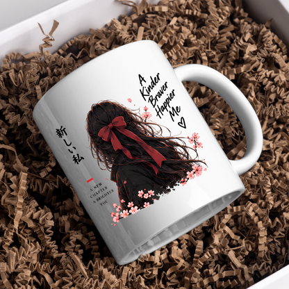 Inspirational Anime Girl Mug "A Kinder Braver Happier Me" Red Ribbon Hair 325ml Ceramic Coffee Mug – Mindful Aesthetic Tea Cup with Kanji Cherry Blossom Graphic Gift | Available in Multicolours | Fast Dispatch by UK Seller (M3043)