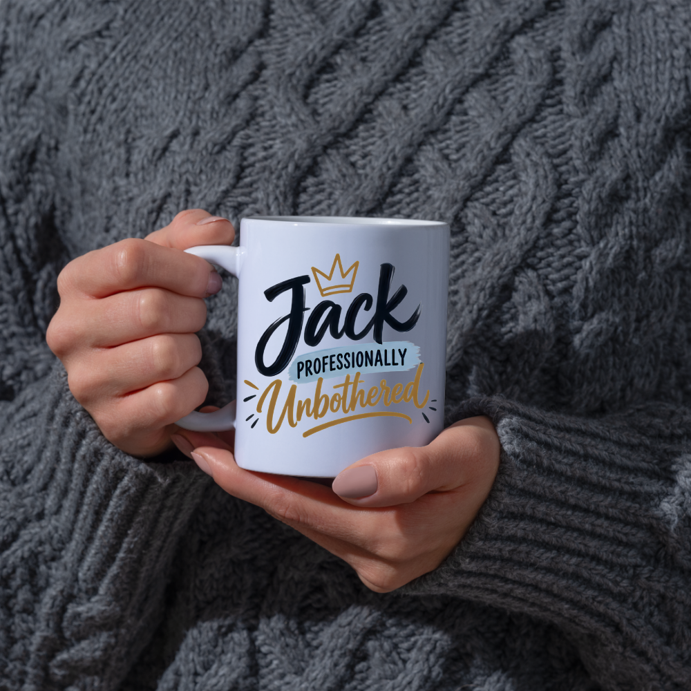 Personalized Name Mug "Jack Professionally Unbothered" Jack Professionally Unbothered 325ml Ceramic Coffee Mug – Custom Name Typography Slogan with Gold Crown & Blue Brushstroke | Funny Gift | Fast Dispatch by UK Seller (M3407)